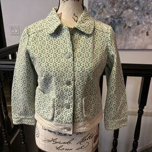 Anthro Cartonnier Floral Denim Style Jacket, Green‎ White Lace Overlay, Women XS